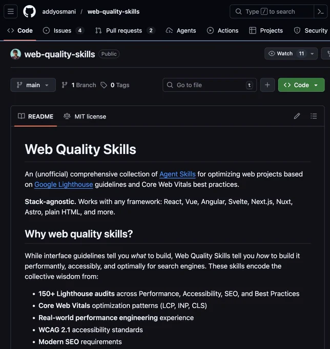 Captura en modo oscuro de un repositorio de GitHub llamado “web-quality-skills” de addyosmani, mostrando el README con el título “Web Quality Skills”, una descripción sobre Agent Skills para optimizar proyectos web según Lighthouse y Core Web Vitals, y una lista de puntos como auditorías de Lighthouse, Core Web Vitals, WCAG 2.1 y SEO moderno.