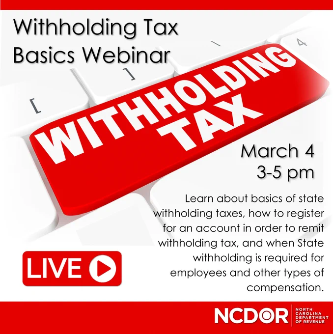 Keyboard key labeled WITHHOLDING TAX promoting a webinar on March 4 from 3-5 pm about state withholding tax basics and registration.