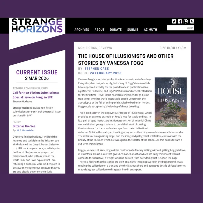 Screenshot of Strange Horizons review of THE HOUSE OF ILLUSIONISTS AND OTHER STORIES by Vanessa Fogg