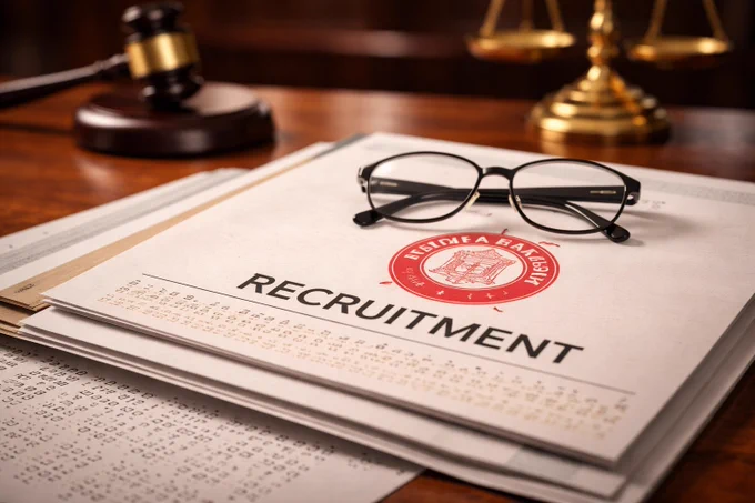 A close-up image of a recruitment document placed on a wooden desk, with the word “Recruitment” prominently visible. A pair of black eyeglasses rests on top of the papers, which include Braille text. In the blurred background, a judge’s gavel and brass scales of justice are visible, symbolising law, employment, and disability rights.