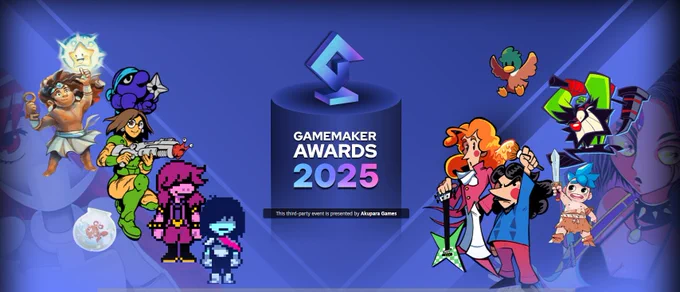 Promotional banner for “GameMaker Awards 2025.” A blue gradient background features a central pedestal with a stylized geometric trophy icon above the text “GAMEMAKER AWARDS 2025.” Around the sides are colourful cartoon and pixel-art game characters: on the left, a glowing star character, a muscular hero, a purple ninja-like figure, a woman holding a sci-fi gun, and two retro pixel characters; on the right, a duck, a green-haired villain with a sword, two rock musicians with guitars, and a small blue-haired warrior. A caption below reads, “This third-party event is presented by Akupara Games.”