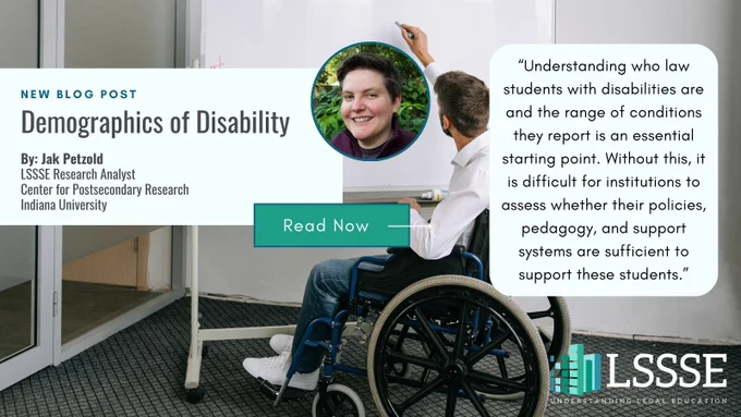 A promotional graphic for a blog post titled “Demographics of Disability” by Jak Petzold, LSSSE Research Analyst at the Center for Postsecondary Research, Indiana University. The design includes a photo of a person seated in a wheelchair near a whiteboard, along with a quote about the importance of understanding the range of conditions reported by law students with disabilities. A green button labeled “Read Now” appears in the center, and the LSSSE logo is positioned in the bottom right corner.