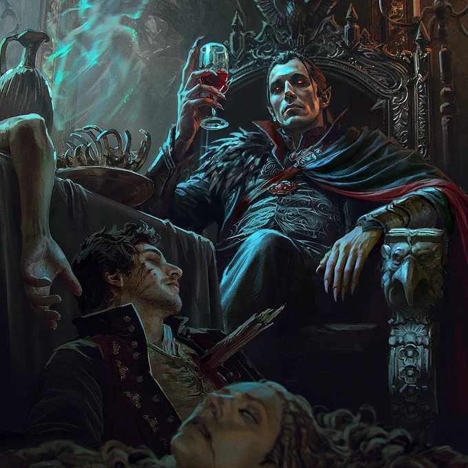 Strahd von Zarovich raises a glass of blood while seated above fallen victims.