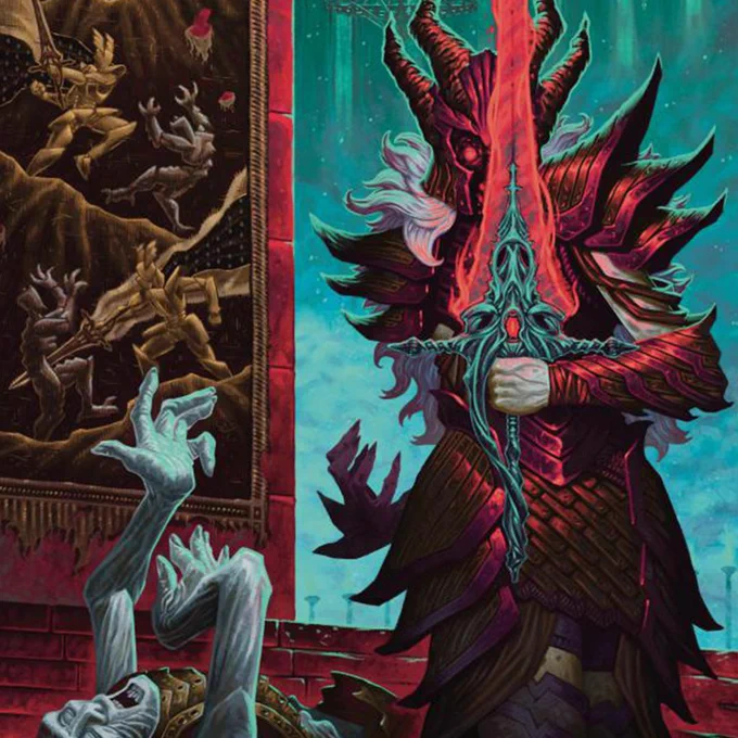 Red-armored, horned warrior grips a glowing crimson sword beside a fallen body.