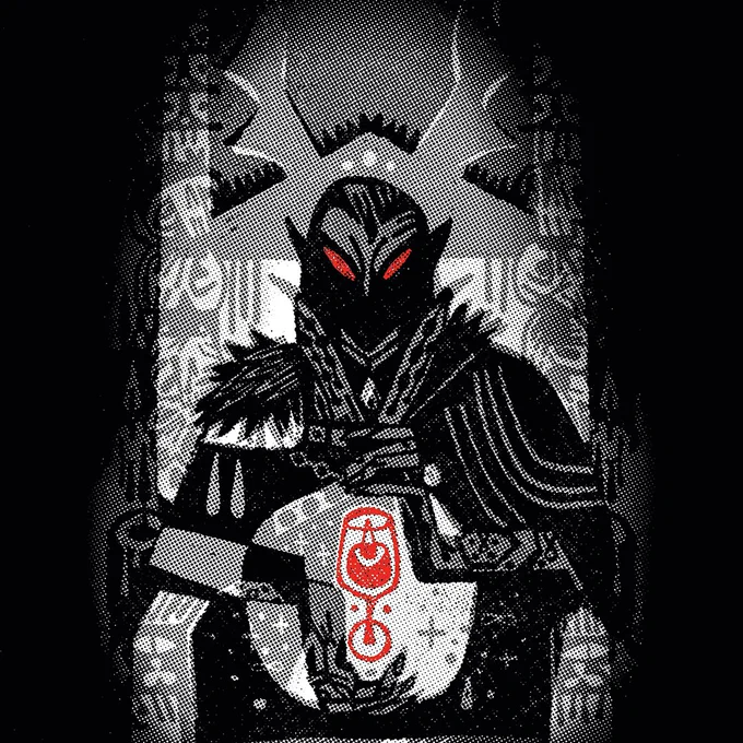 Graphic illustration of Strahd with glowing red eyes and a blood-filled goblet icon.