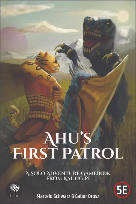 Illustrated fantasy book cover showing a young armored ranger standing on a snowy mountain path, holding a spear and facing several looming reptilian creatures emerging from the mist. Jagged peaks rise in the background beneath a large purple moon dominating the sky. The scene is rendered in a painterly style with cool blue and violet tones, conveying danger and isolation in a harsh winter landscape.