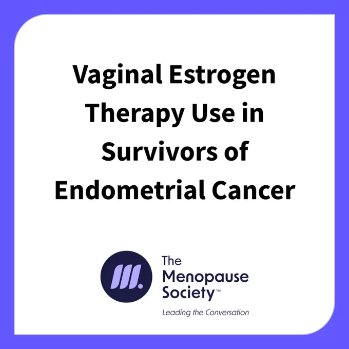 The Menopause Society logo and text reading "vaginal estrogen therapy use in survivors of endometrial cancer".