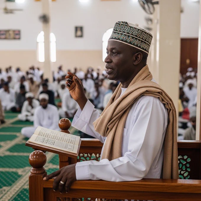 An African imam delivering a Friday khutbah inside a mosque filled with worshippers. He stands at a wooden minbar, wearing a white robe with a light brown shawl draped over his shoulders and a traditional embroidered cap. Deep brown skin, confident posture, one hand slightly raised while speaking.

The congregation is visible in soft blur. Indoor lighting is balanced and warm. His expression is serious yet compassionate. Authentic African mosque setting with patterned carpets and simple architecture.

Documentary realism, high detail, natural color grading.