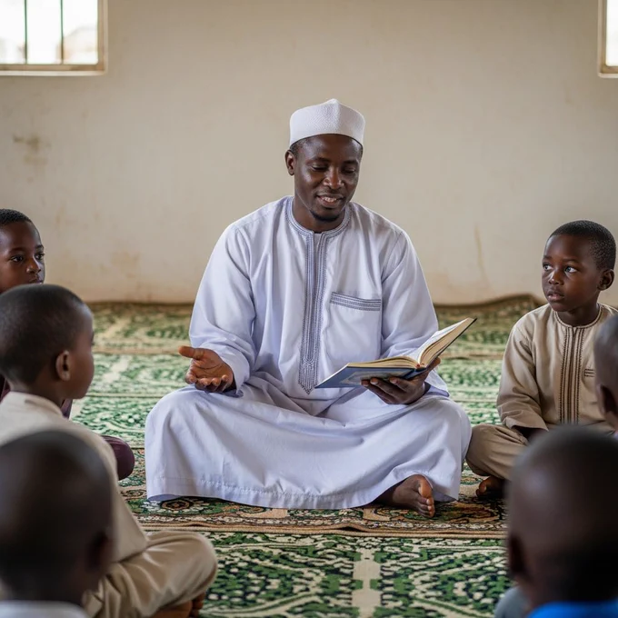 An African Muslim cleric seated on a mat inside a simple mosque classroom teaching young children. He wears a white kaftan and traditional cap. He holds an open Qur’an while gesturing gently.

Children sit attentively in front of him. Warm indoor lighting. Natural, candid moment. Community-focused and nurturing atmosphere.

Authentic African environment, realistic lighting, documentary style.