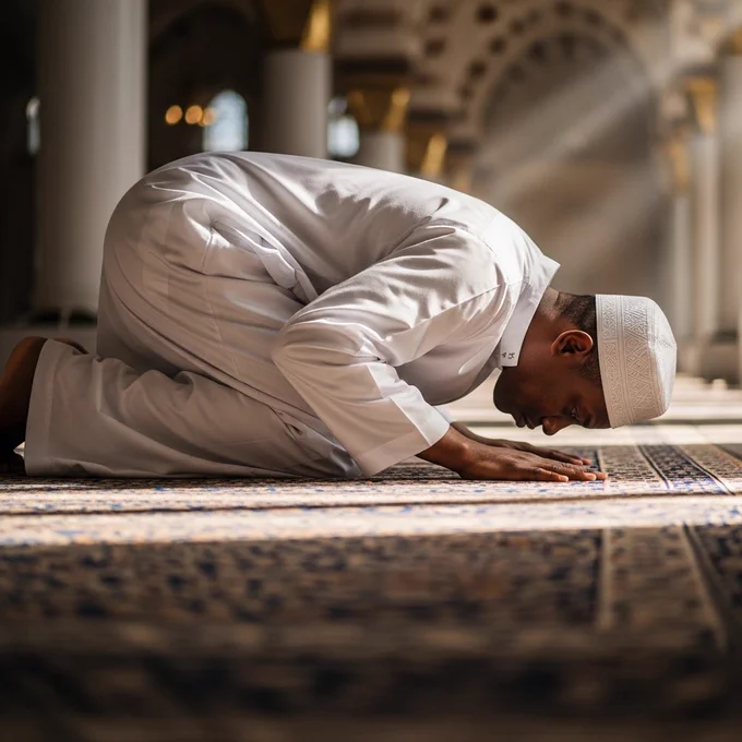 Ultra-realistic 8K image of an African imam in prayer inside a mosque. He is captured in sujood, forehead touching a richly patterned prayer carpet. His white kaftan flows naturally around him, fabric folds detailed and realistic. He wears a simple white kufi cap.

His hands are placed properly beside his head in the prayer position. The camera angle is low and slightly to the side, emphasizing humility and devotion without showing his full face.

Warm filtered sunlight streams through mosque windows, casting soft light beams across the carpet. The background shows blurred mosque columns and arches. Fine carpet textures are visible in sharp detail.

Lighting is soft but directional, creating depth and sacred atmosphere. Realistic skin texture, natural fabric movement, cinematic composition.

Mood:
Devotion
Humility
Sacred calm
Spiritual depth