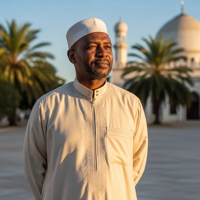 An East African Muslim cleric in his early 50s standing in a mosque courtyard in Kenya or Tanzania. He wears a long cream kanzu with subtle embroidery and a white kufi cap. Medium-dark skin tone, neatly trimmed beard, thoughtful expression.

Golden hour lighting creates a soft glow on his face and a light rim highlight on his shoulders. Background shows palm trees and part of a mosque dome slightly blurred. Calm, reflective posture with hands behind his back.

Cinematic but natural lighting, strong realism, peaceful atmosphere.