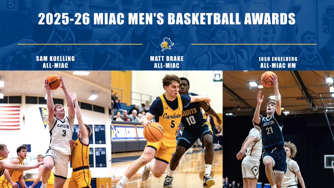 Sam Koelling, Matt Drake, and Josh Engelberg during basketball games; text reads, "2025-26 MIAC Men's Basketball Awards"