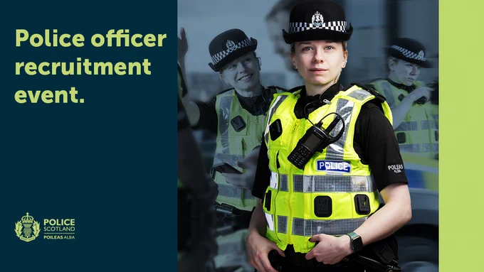 Graphic featuring a female police officer smiling facing the camera, with photos in the background of the female smiling and engaging with the public. Text on the graphic reads: "Police officer recruitment event."