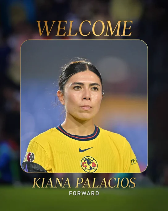 A photo of Kiana Palacios in a Club América jersey. The word “Welcome” is above the photo and the words “Kiana Palacios Forward” are written below. The background is a blurred image of a crowd.