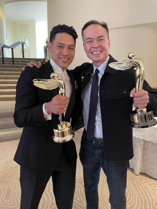 AMD SVP & GM Jack Huynh accepting the Advanced Imaging Society Lumiere Award on behalf of AMD, alongside Jon Chu, award-winning director of Crazy Rich Asians, Wicked, and Wicked Be Good. 