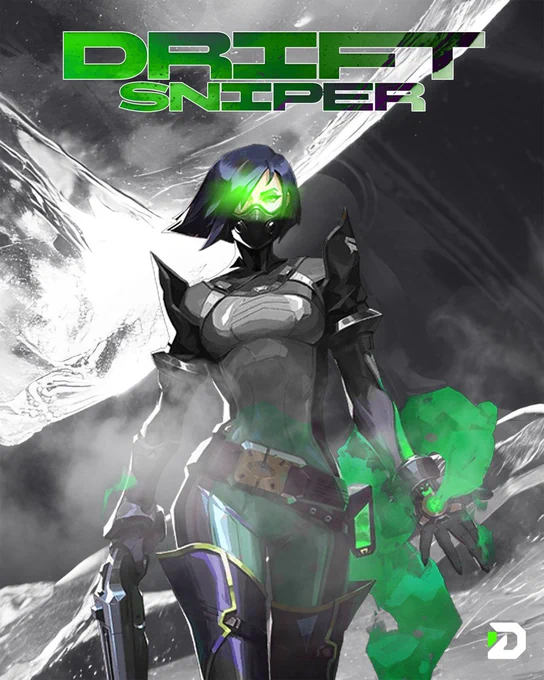 Viper from VALORANT in a dark enviornment. Green text "DRIFT SNIPER" at the top.