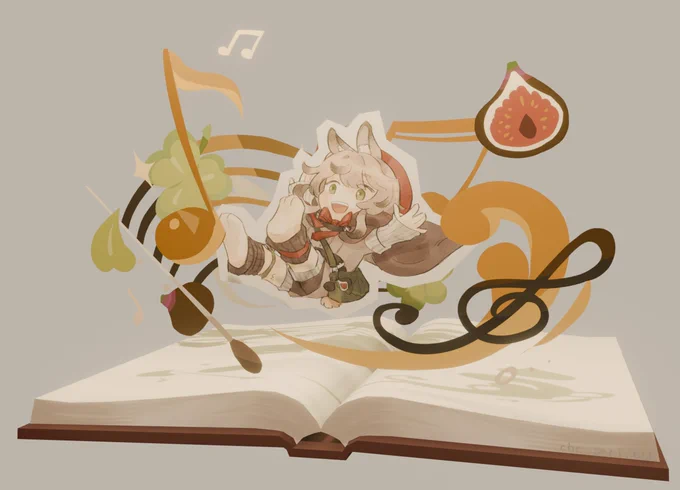an illustration by @fizzicatop on twitter/che-seri on vgen of fig falling into a book, with music notes, clovers, and figs swirling around her