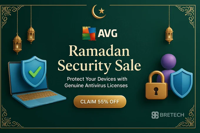AVG Ramadan Security Sale banner featuring a 3D laptop with a blue verified shield, golden crescent moon, and lanterns on a dark green background with a 55% discount offer.