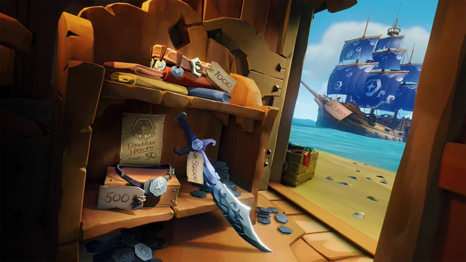 A collection of Doubloon inspired items can be seen, with associated prices. The Doubloon Hoarder Title costs 50 Doubloons, an eyepatch is 500, a belt costs 1,000, some sails are 2,500 and the cutlass is 50,000.