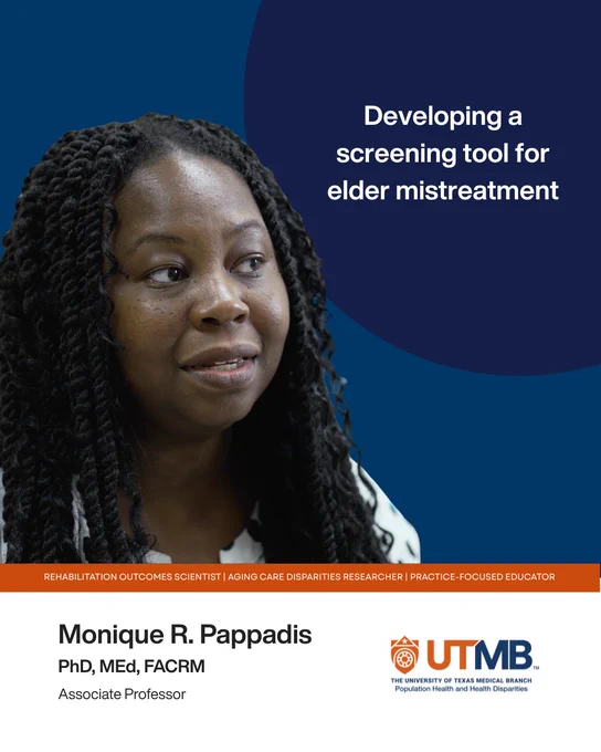 A graphic showing Dr. Pappadis from her vlog interview along with the title of the video "Developing a screening tool for elder mistreatment"