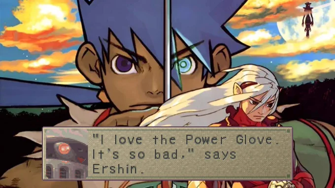 Breath of Fire IV key art with Ershin text box saying "'I love the Power Glove. It's so bad,' says Ershin."