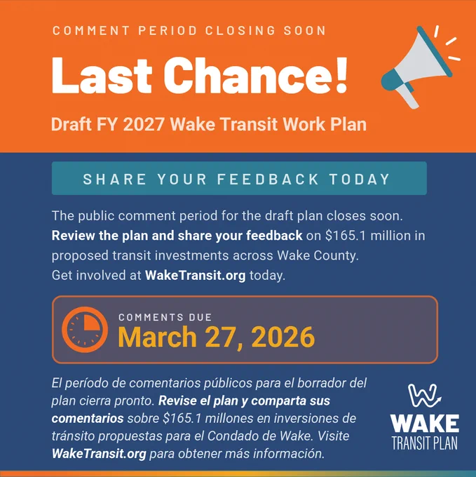 Graphic with Wake Transit logo and text same as post narrative.
Gráfico con el logotipo de Wake Transit Plan y texto igual que la narrativa de la publicación.