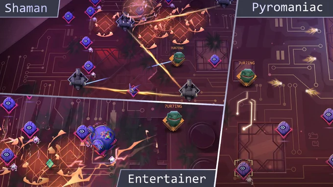 Three gameplay builds in action: Shaman, Pyromaniac, Entertainer
