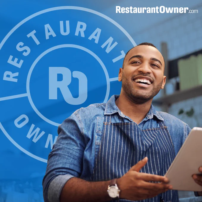A person smiling and holding a tablet in a restaurant setting. The background features the RestaurantOwner.com logo.