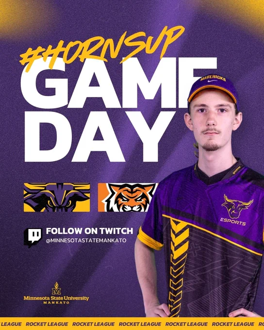 A Minnesota State Mankato esports player in a purple and gold jersey poses on a purple background with bold text reading ‘#HornsUp Game Day.’ The Minnesota State Mavericks logo and an opposing tiger logo appear beneath the text. A Twitch icon and the handle @MinnesotaStateMankato are shown, along with the Minnesota State University Mankato logo. A yellow banner along the bottom repeats the words ‘Rocket League.’