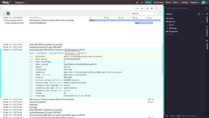 Akka.NET ILoggingAdapter logs being correlated to Phobos traces in Seq