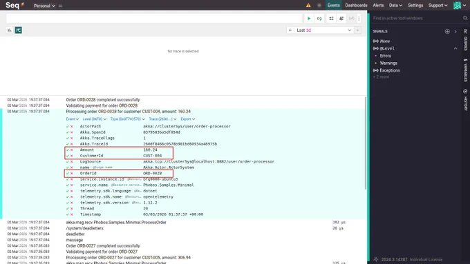 Semantic logging properties captured via Akka.NET's ILoggingAdapter -not part of Phobos but compliments it nicely.
