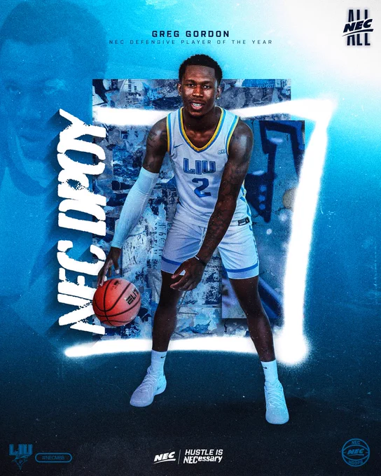 LIU senior guard Greg Gordon is the 2025-26 NEC Men's Basketball Defensive Player of the Year