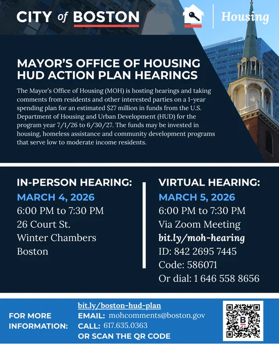City of Boston Mayor's Office of Housing HUD Action Plan hearings scheduled for March 4 in-person and March 5 virtual via Zoom.