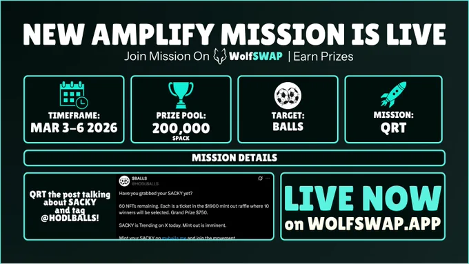 Promotion for a new mission on WolfSWAP, featuring a $200,000 prize pool, and details about tasks and timeframe.
