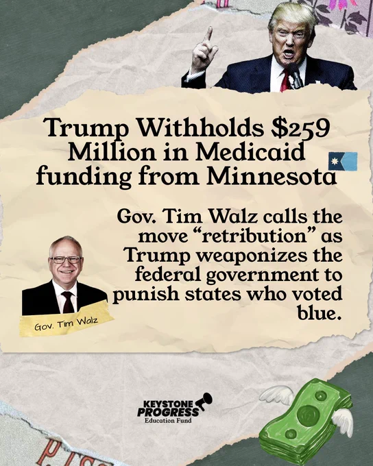 Headline says "Trump Withholds $259M in Medicaid from MN." Features photos of Trump and Gov. Tim Walz. A quote from Walz calls the move "retribution" against blue states. Bottom shows flying cash and the Keystone Progress Education Fund logo.