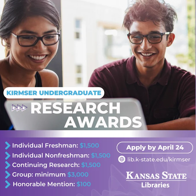 Two students smiling at a laptop screen. The image promotes the "Kirmser Undergraduate Research Awards" from K-State Libraries, with varying prize amounts for different categories. Deadline to apply is April 24.
