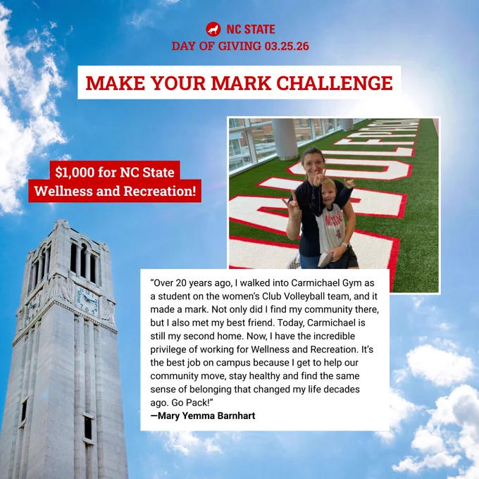 An NC State Day of Giving Make Your Mark Challenge graphic showing $1,000 for Wellness and Recreation with a personal story from Mary about Carmichael Gym's impact. 
