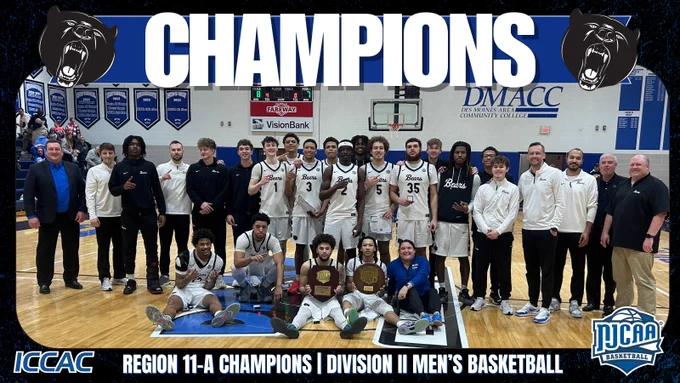 Team photo graphic with a large “CHAMPIONS” header and bear logos. The DMACC men’s basketball team and staff pose on their home court with championship hardware, including plaques/trophies in front. A bottom banner reads “ICCAC Region 11-A Champions | Division II Men’s Basketball,” with an NJCAA Basketball logo at the lower right.