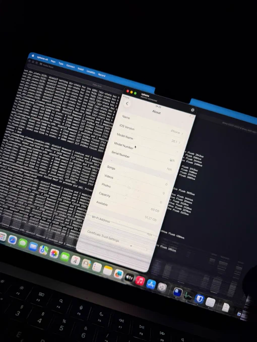 virtualised iPhone running on a macbook with screen damage. debug log showing in a terminal window behind it. the virtual iPhone shows N/A for all device identifiers and iOS version 26.1