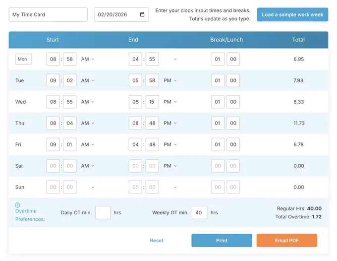 Time card calculator with lunch and overtime
