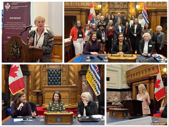 Four images of the Commonwealth Women Parliamentarians Canada Regional Outreach programme in the British Columbia Legislative Assembly with various speeches and presentations taking place.