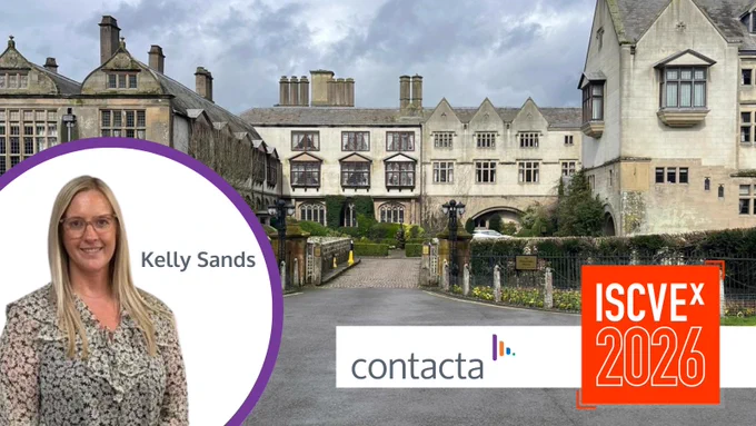 Coombe Abbey which will host the ISCVEx trade show. A roundel in the foreground shows Contacta sales executive, Kelly Sands, a woman with long blonde hair and glasses, smiling to the camera. There is the ISCVEx 2026 logo in the top left corner and the contacta logo in the bottom right. Text reads 'Kelly Sands'.