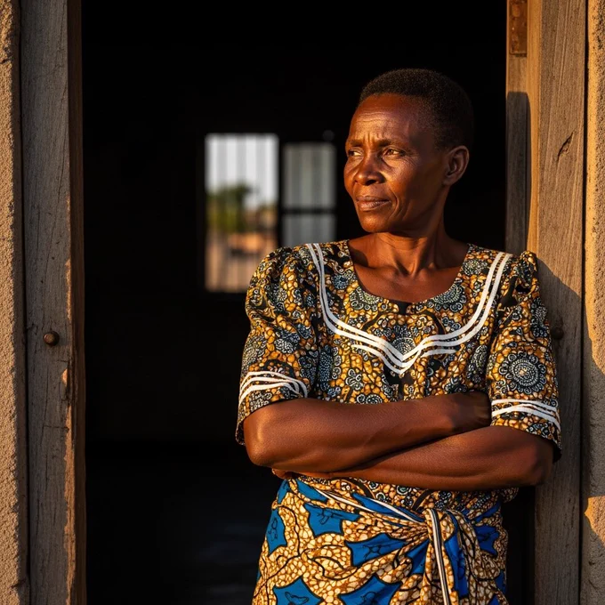 A dark-skinned African woman in her early 70s leans against a doorway, arms crossed, wearing a traditional blouse and wrapper, expression thoughtful as she gazes into the distance, sunlight highlighting her features.