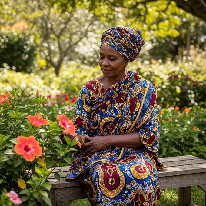 A dark-skinned African woman in her late 60s sits on a wooden bench in a garden, hands folded in her lap, wearing a traditional wrapper and headwrap, looking thoughtfully at the flowers around her.
