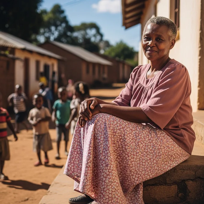 A chocolate brown skinned African woman in her late 60s sits on steps outside her home, hands resting on her knees, wearing a long flowing skirt and blouse, smiling softly as she watches children play nearby.