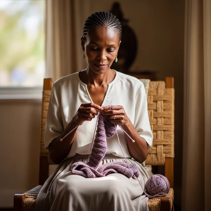 A deep brown skinned African woman in her late 60s with a slender frame sits on a woven chair, knitting quietly, wearing a simple blouse and skirt, expression calm and focused.