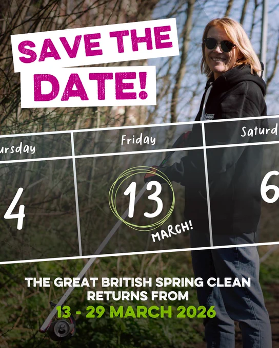 A person holding a litter picker stands outdoors in a wooded area. Overlaid text reads: "SAVE THE DATE! The Great British Spring Clean returns from 13 - 29 March 2026." The calendar highlights 13 March.