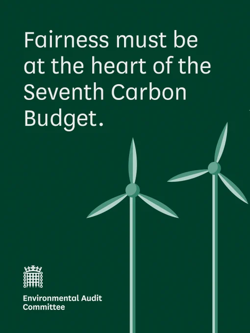 Illustration of wind turbines on a green background with text reading: Fairness must be at the heart of the seventh carbon budget.