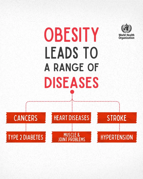 Infographic showing obesity leads to diseases like cancers, heart diseases, stroke, type 2 diabetes, muscle and joint problems, and hypertension.