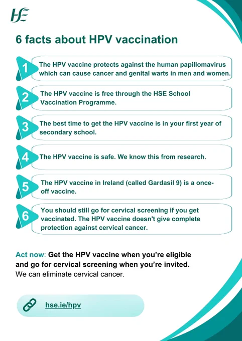 A factsheet showing 6 facts about HPV vaccine with the HSE logo and the website hse.ie/hpv